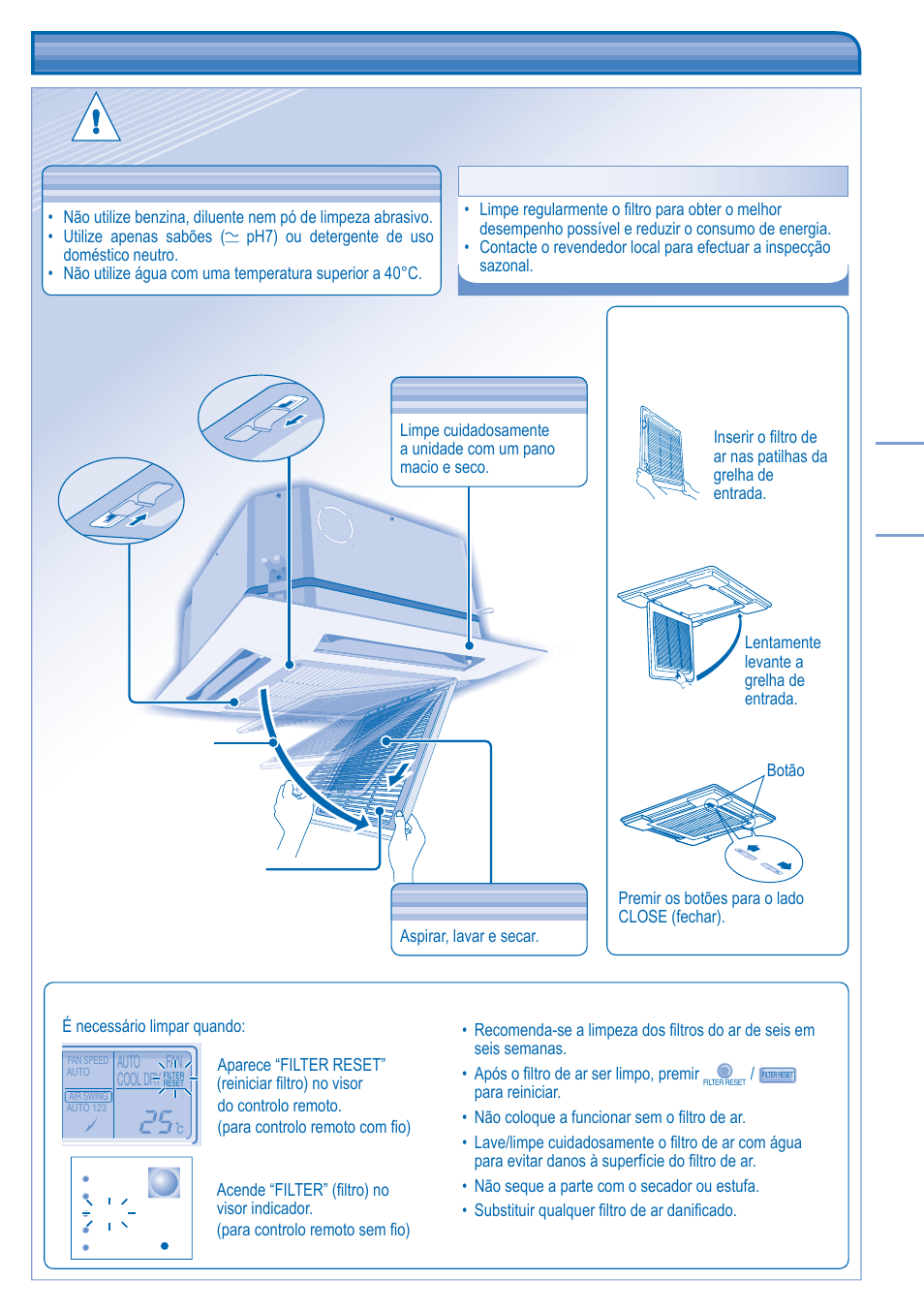 Manutenção e limpeza, Manutenção do fi ltro de ar | Panasonic CUB14DBE5 User Manual | Page 49 / 64