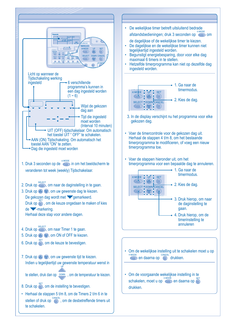 De wekelijkse timer instellen, Bedieningsdetails, On off timer | Beeldscherm veranderen 1. druk 3 seconden op de, Om de temperatuur te kiezen. 8. druk op, En daarna op, Drukken | Panasonic CUB14DBE5 User Manual | Page 58 / 64