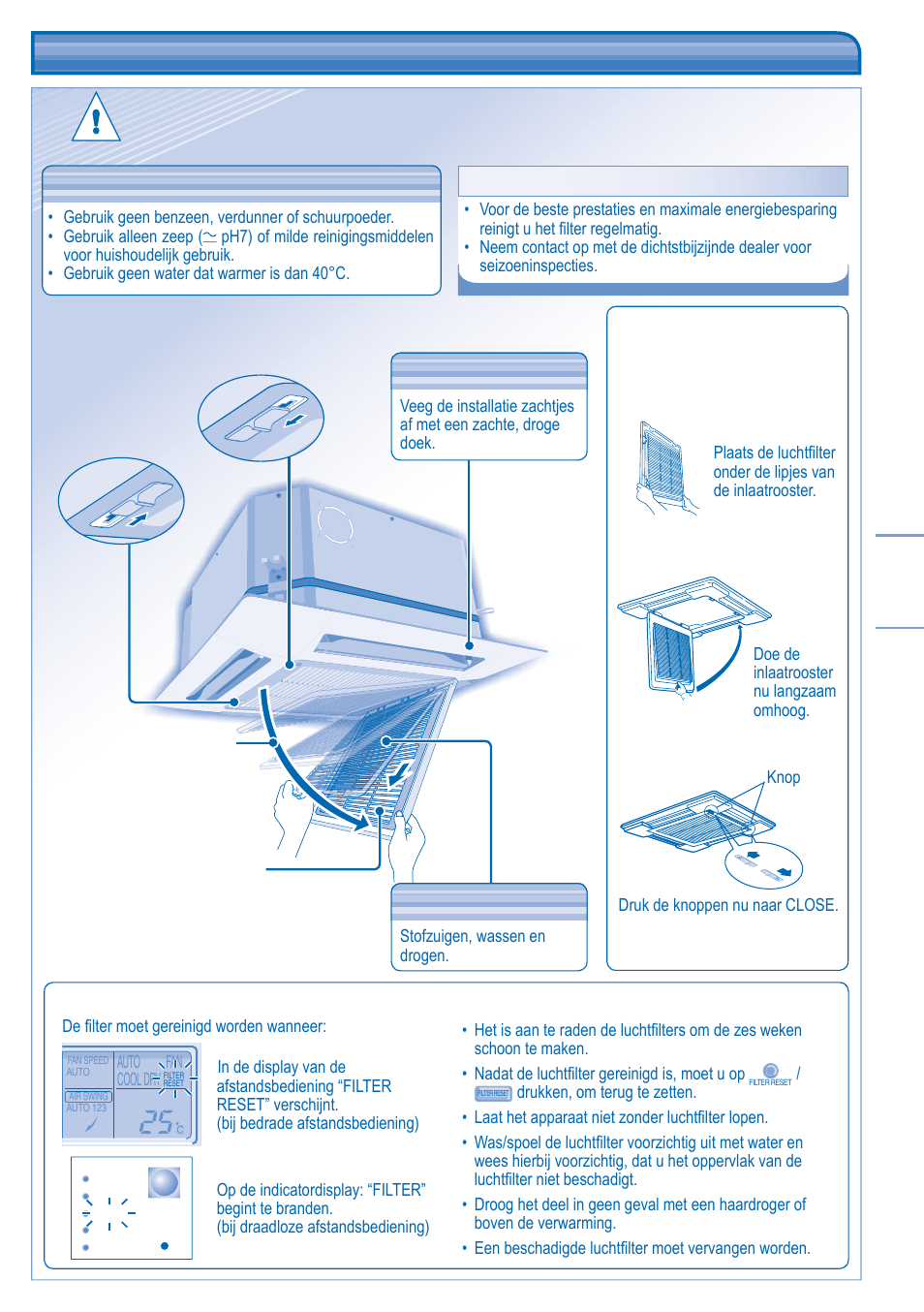 Onderhoud & reiniging, Onderhoud luchtfi lter, Verwijder de luchtfi lter installatie luchtfi lter | Panasonic CUB14DBE5 User Manual | Page 59 / 64