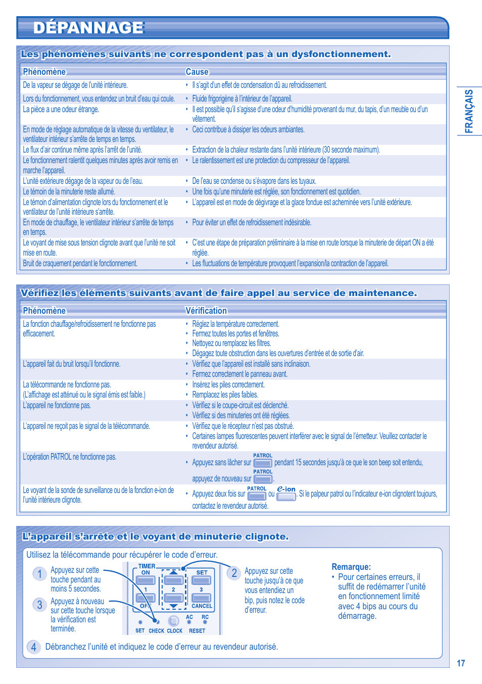 Dépannage dépannage | Panasonic KIT3E7715JBE User Manual | Page 17 / 76