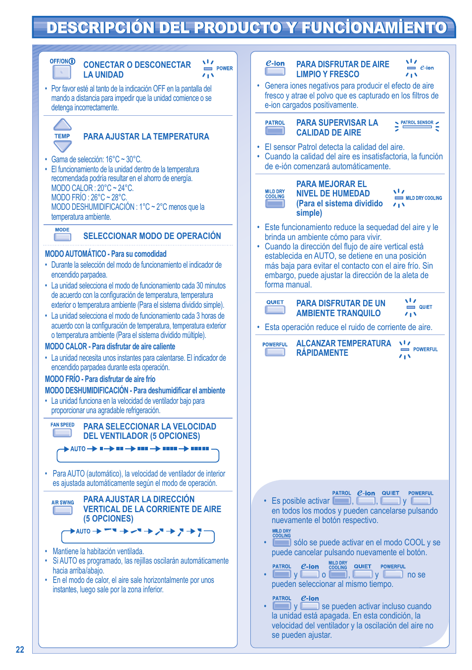 Descripción del producto y funcionamiento | Panasonic KIT3E7715JBE User Manual | Page 22 / 76