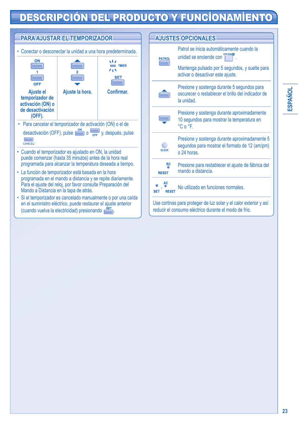 Descripción del producto y funcionamiento | Panasonic KIT3E7715JBE User Manual | Page 23 / 76