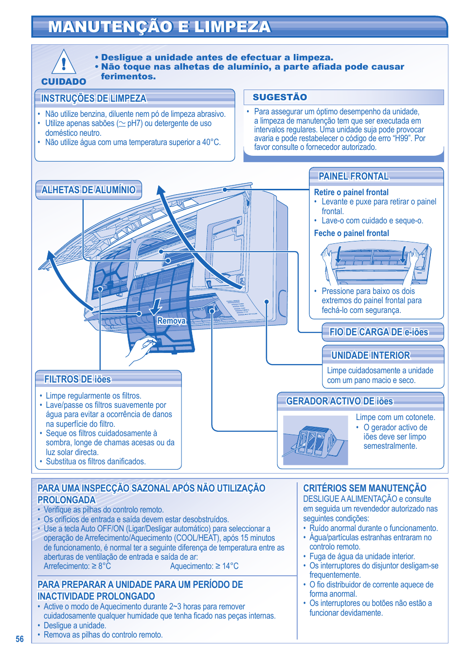 Manutenção e limpeza | Panasonic KIT3E7715JBE User Manual | Page 56 / 76