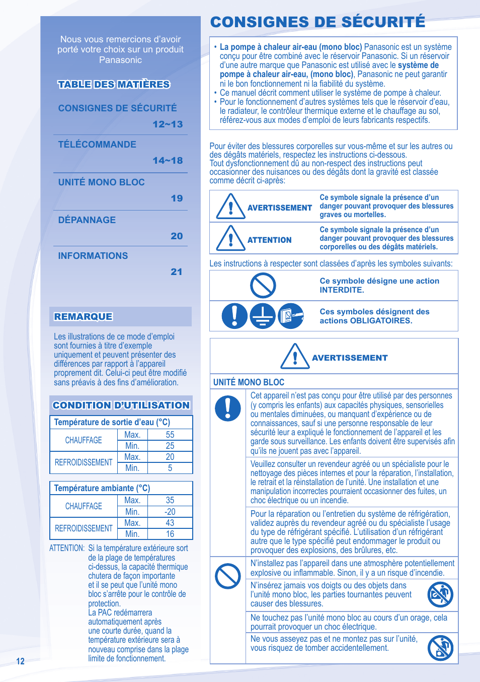 Consignes de sécurité | Panasonic WHMDC09C3E8 User Manual | Page 12 / 92