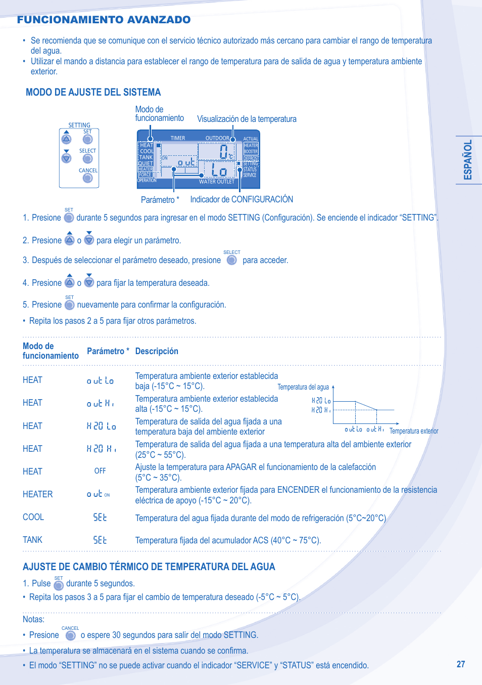 Esp añol, Modo de ajuste del sistema, Ajuste de cambio térmico de temperatura del agua | Funcionamiento avanzado | Panasonic WHMDC09C3E8 User Manual | Page 27 / 92