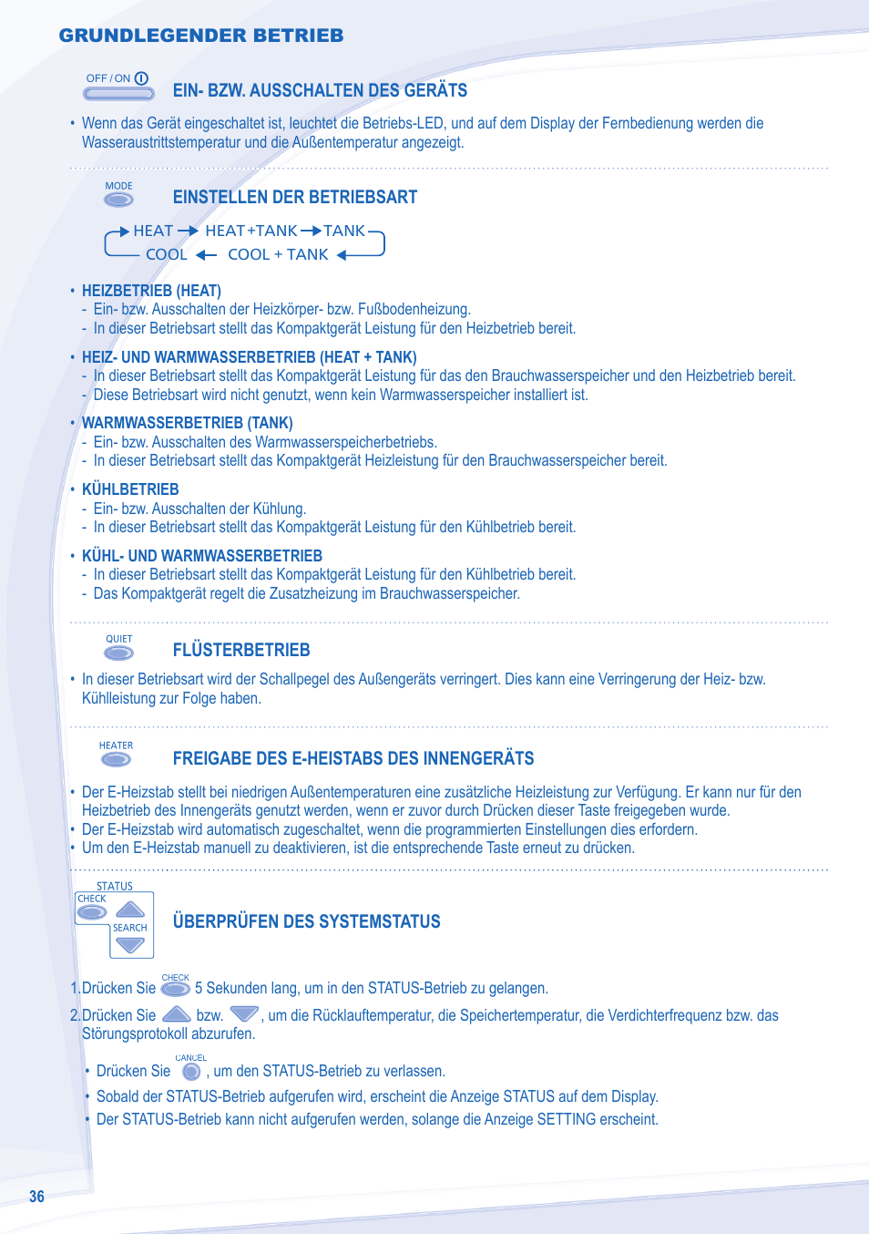 Grundlegender betrieb, Ein- bzw. ausschalten des geräts, Einstellen der betriebsart | Flüsterbetrieb, Freigabe des e-heistabs des innengeräts, Überprüfen des systemstatus | Panasonic WHMDC09C3E8 User Manual | Page 36 / 92