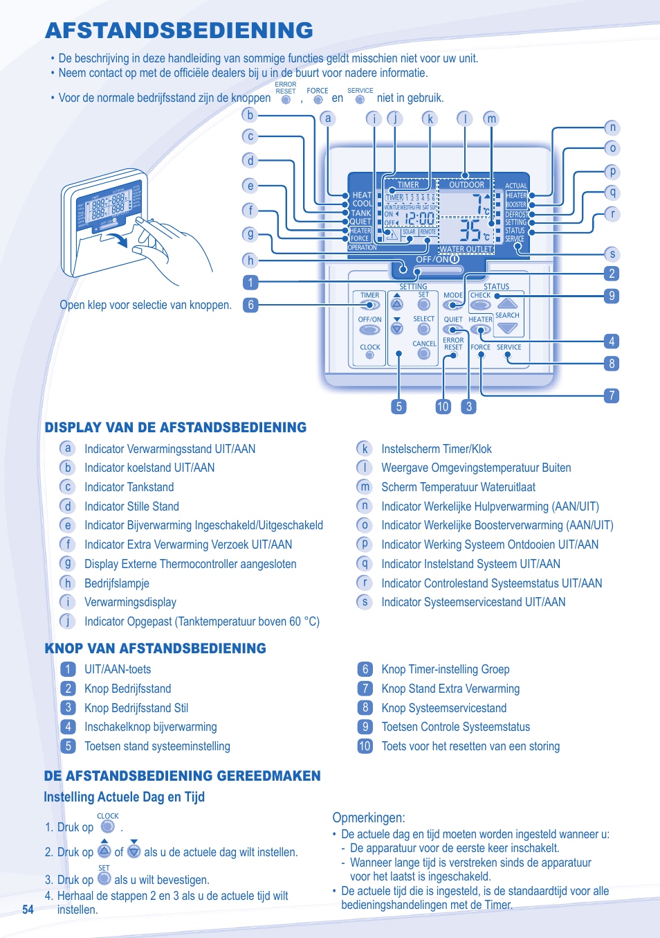 Afstandsbediening, Opmerkingen, Display van de afstandsbediening | Knop van afstandsbediening, Niet in gebruik, Open klep voor selectie van knoppen | Panasonic WHMDC09C3E8 User Manual | Page 54 / 92