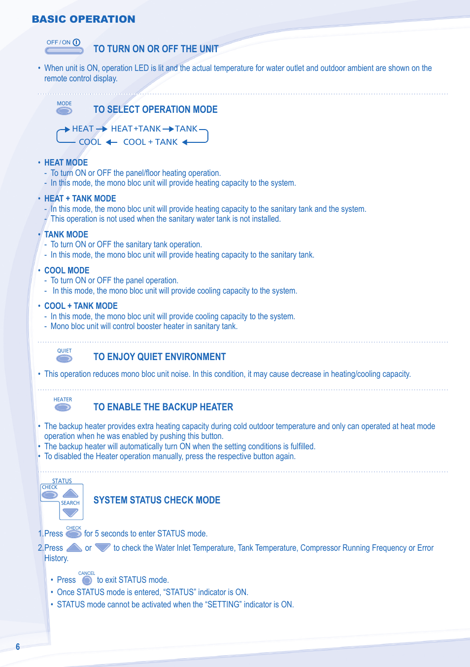Basic operation, System status check mode | Panasonic WHMDC09C3E8 User Manual | Page 6 / 92