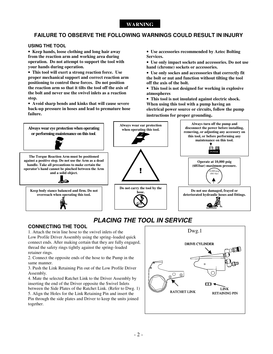 Placing the tool in service, Warning dwg.1, Connecting the tool | Aztech Systems TX 2 User Manual | Page 2 / 14