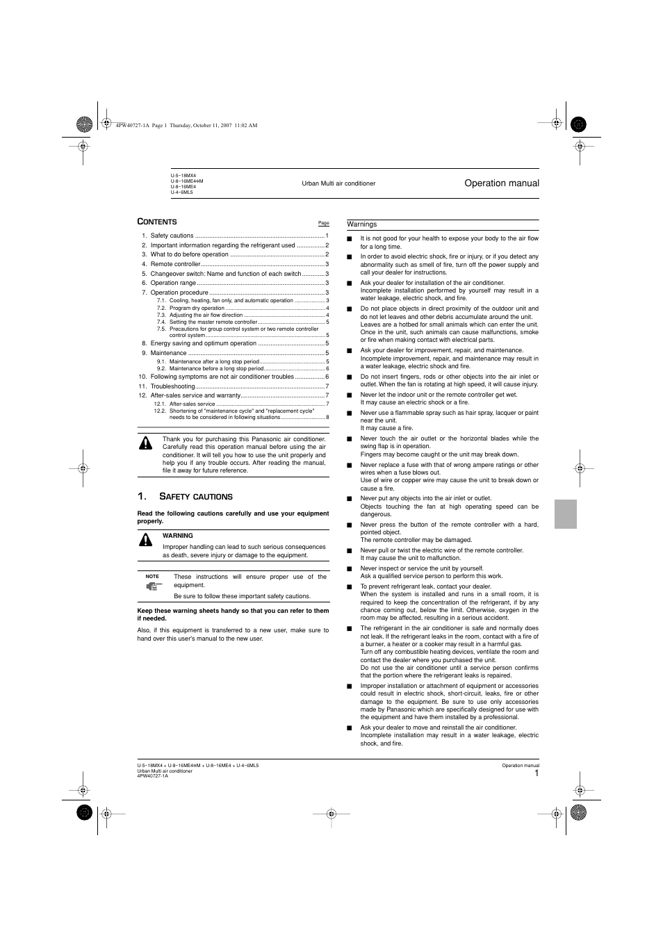 Operation manual | Panasonic U12ME4 User Manual | Page 3 / 76