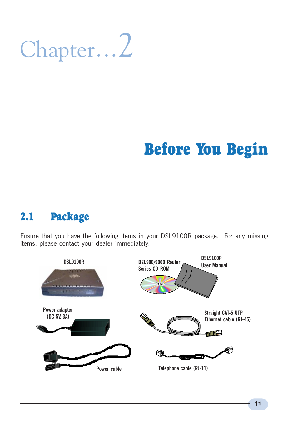 Before you begin, 1 package, Chapter | Aztech Systems DSL9100R User Manual | Page 11 / 32