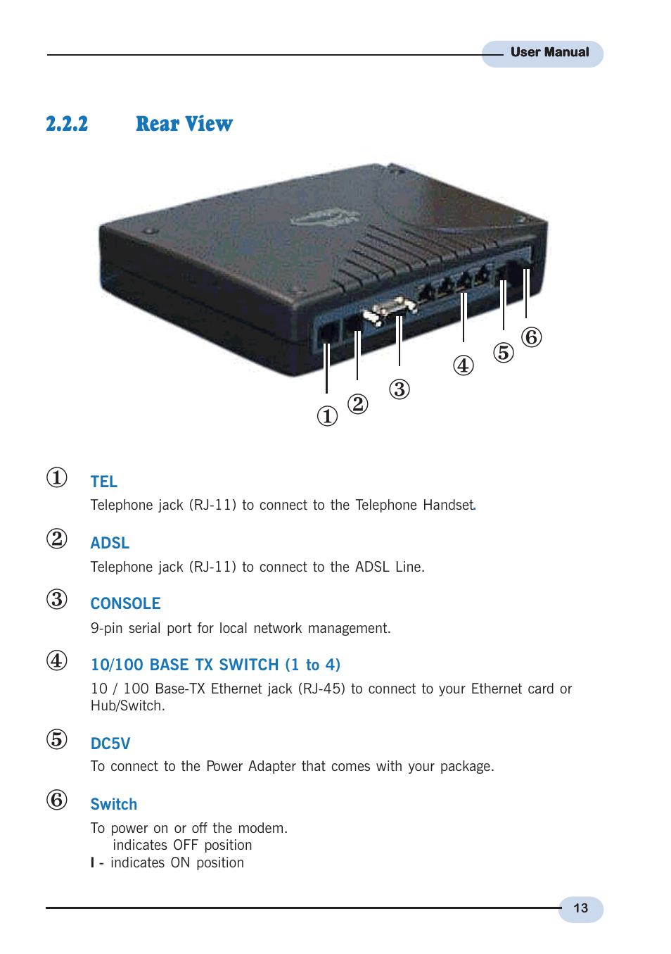 2 rear view, Rear view | Aztech Systems DSL9100R User Manual | Page 13 / 32