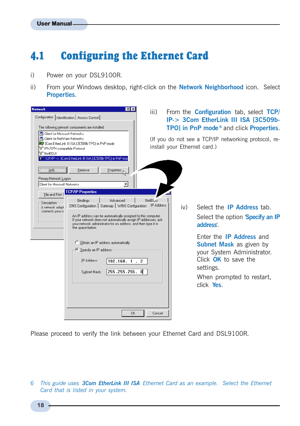 1 configuring the ethernet card | Aztech Systems DSL9100R User Manual | Page 18 / 32