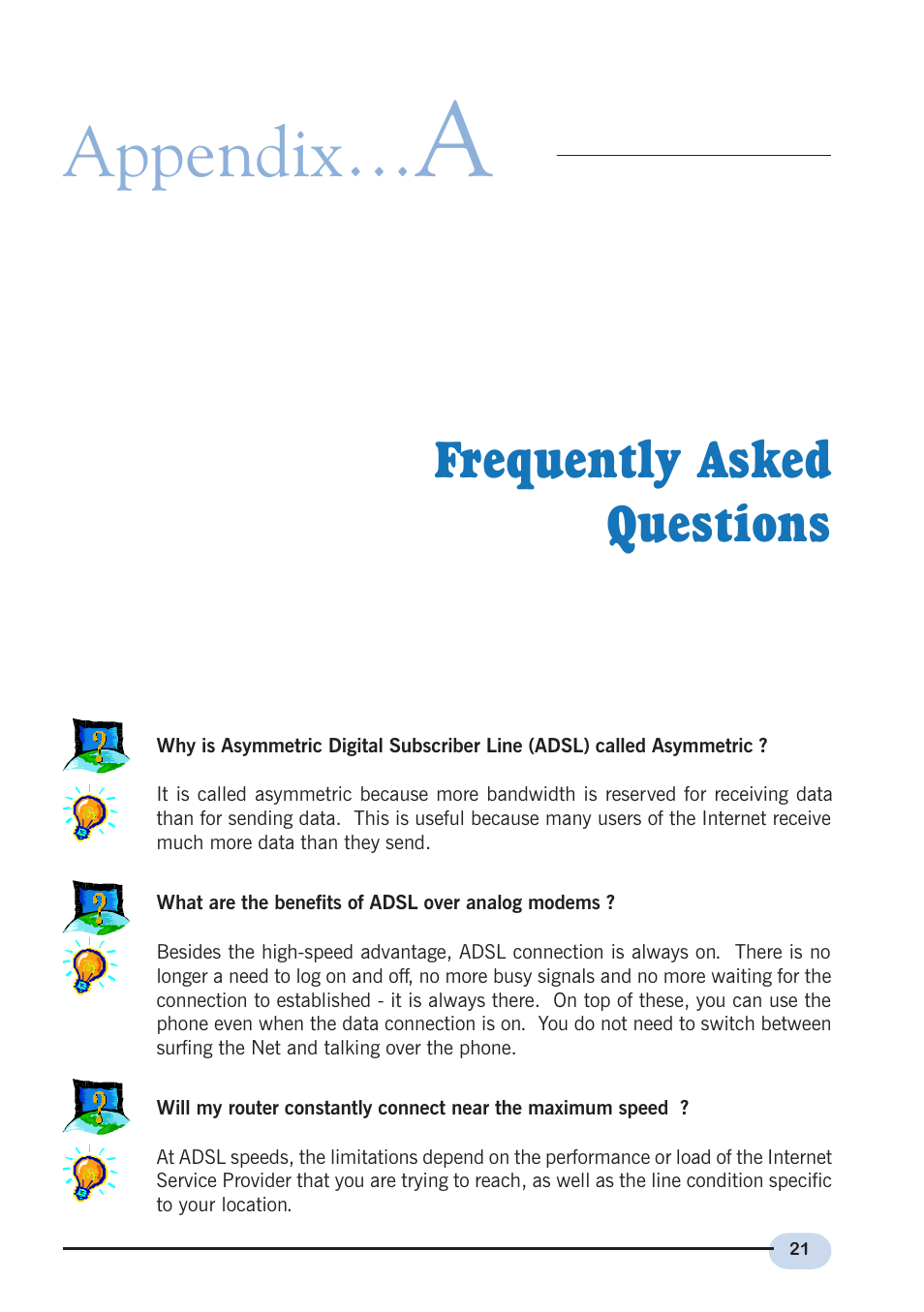 Frequently asked questions, Appendix | Aztech Systems DSL9100R User Manual | Page 21 / 32