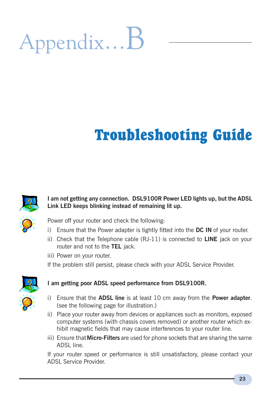 Troubleshooting guide, Appendix | Aztech Systems DSL9100R User Manual | Page 23 / 32