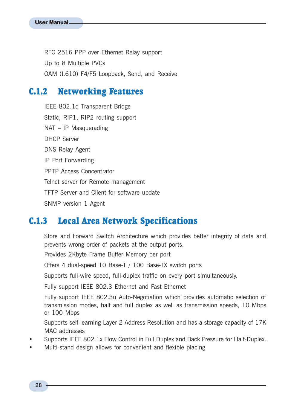 C.1.2 networking features, C.1.3 local area network specifications, C.1.2 | Networking features, C.1.3, Local area network specifications | Aztech Systems DSL9100R User Manual | Page 28 / 32