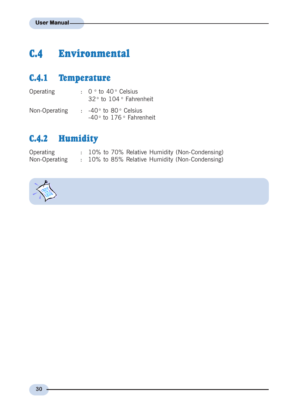 C.4 environmental, C.4.1 temperature, C.4.2 humidity | Environmental c.4.1, Temperature, C.4.2, Humidity | Aztech Systems DSL9100R User Manual | Page 30 / 32