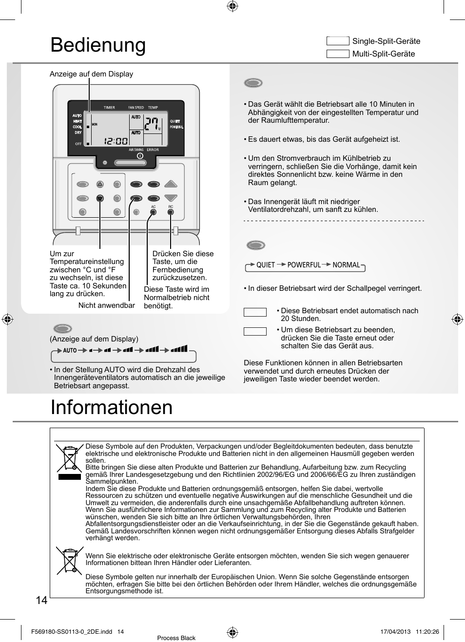 Bedienung, Informationen, Einstellen der ventilatordrehzahl | Einstellen der betriebsart | Panasonic CU5E34PBE User Manual | Page 14 / 76