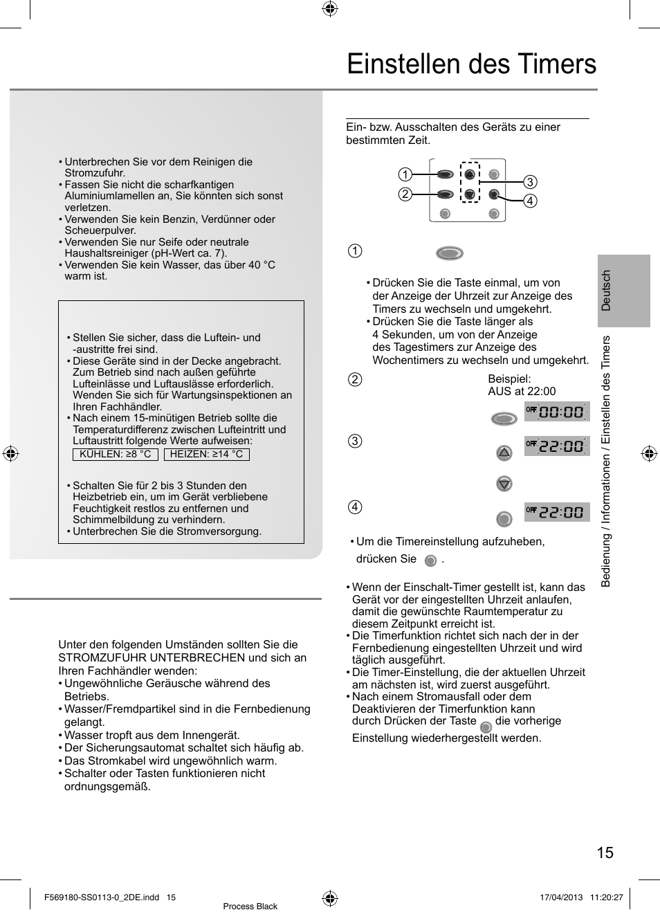 Einstellen des timers, Einstellen des tagestimers, Kriterien für betriebsunterbrechung | Panasonic CU5E34PBE User Manual | Page 15 / 76