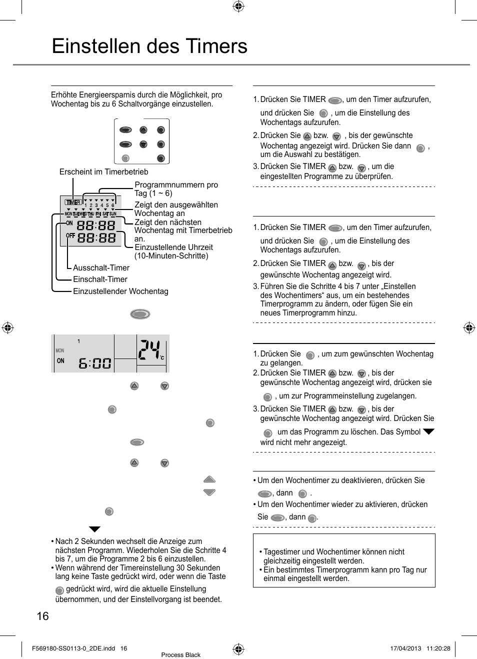 Einstellen des timers, Einstellen des wochentimers, Überprüfen des aktuellen timerprogramms | Löschen des aktuellen timerprogramms, Deaktivieren und aktivieren des wochentimers, Hinweis | Panasonic CU5E34PBE User Manual | Page 16 / 76