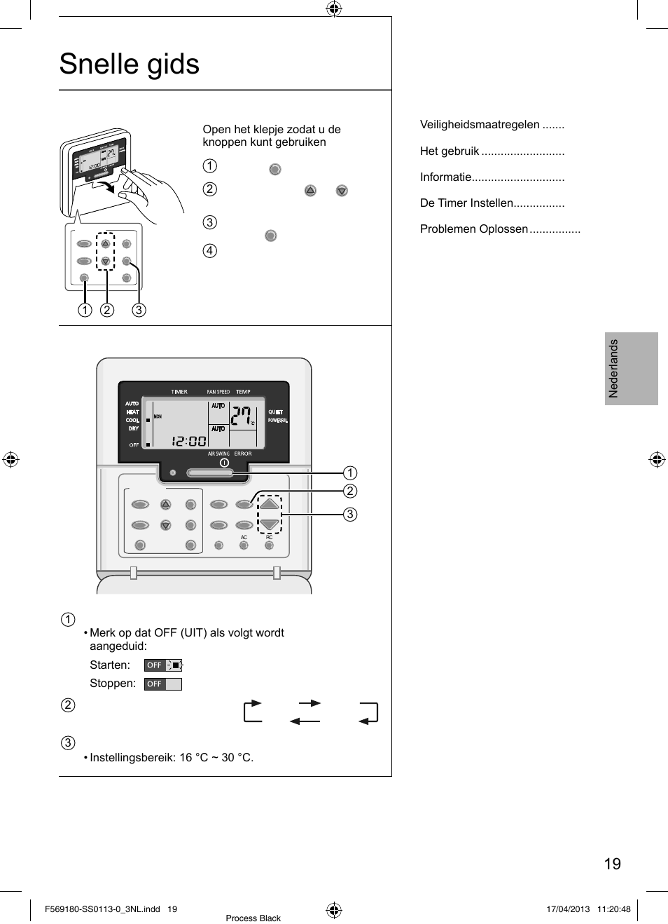 Snelle gids, De afstandsbediening gereedmaken, Eenvoudige bediening | Inhoudsopgave, Nederlands, 2 druk op timer | Panasonic CU5E34PBE User Manual | Page 19 / 76