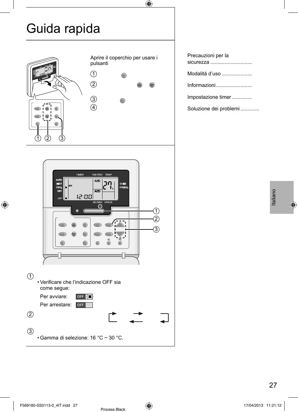 Guida rapida, Telecomando: operazioni reliminari, Funzionamento di base | Indice, Italiano, 2 premere timer, Per selezionare il giorno corrente 3 premere | Panasonic CU5E34PBE User Manual | Page 27 / 76