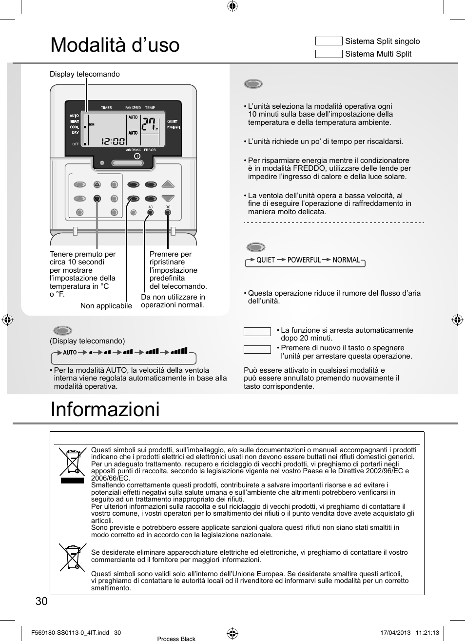 Modalità d’uso, Informazioni, Selezione della velocità ventola | Per selezionare la modalità operativa, Per alternare tra il livello silenzioso e potente | Panasonic CU5E34PBE User Manual | Page 30 / 76