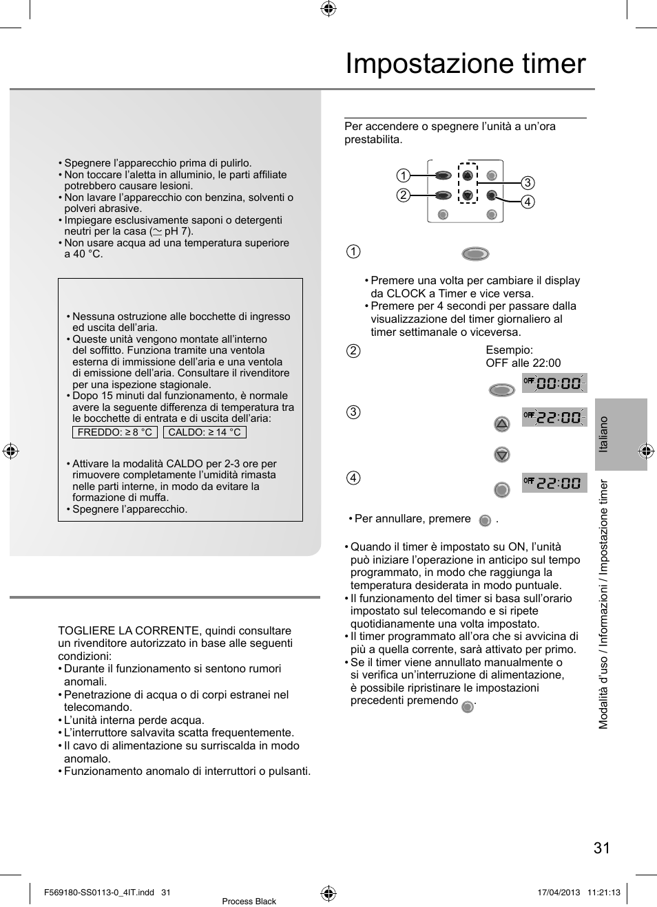 Impostazione timer, Impostazioni del timer giornaliero, Funzionamento anomalo | Panasonic CU5E34PBE User Manual | Page 31 / 76