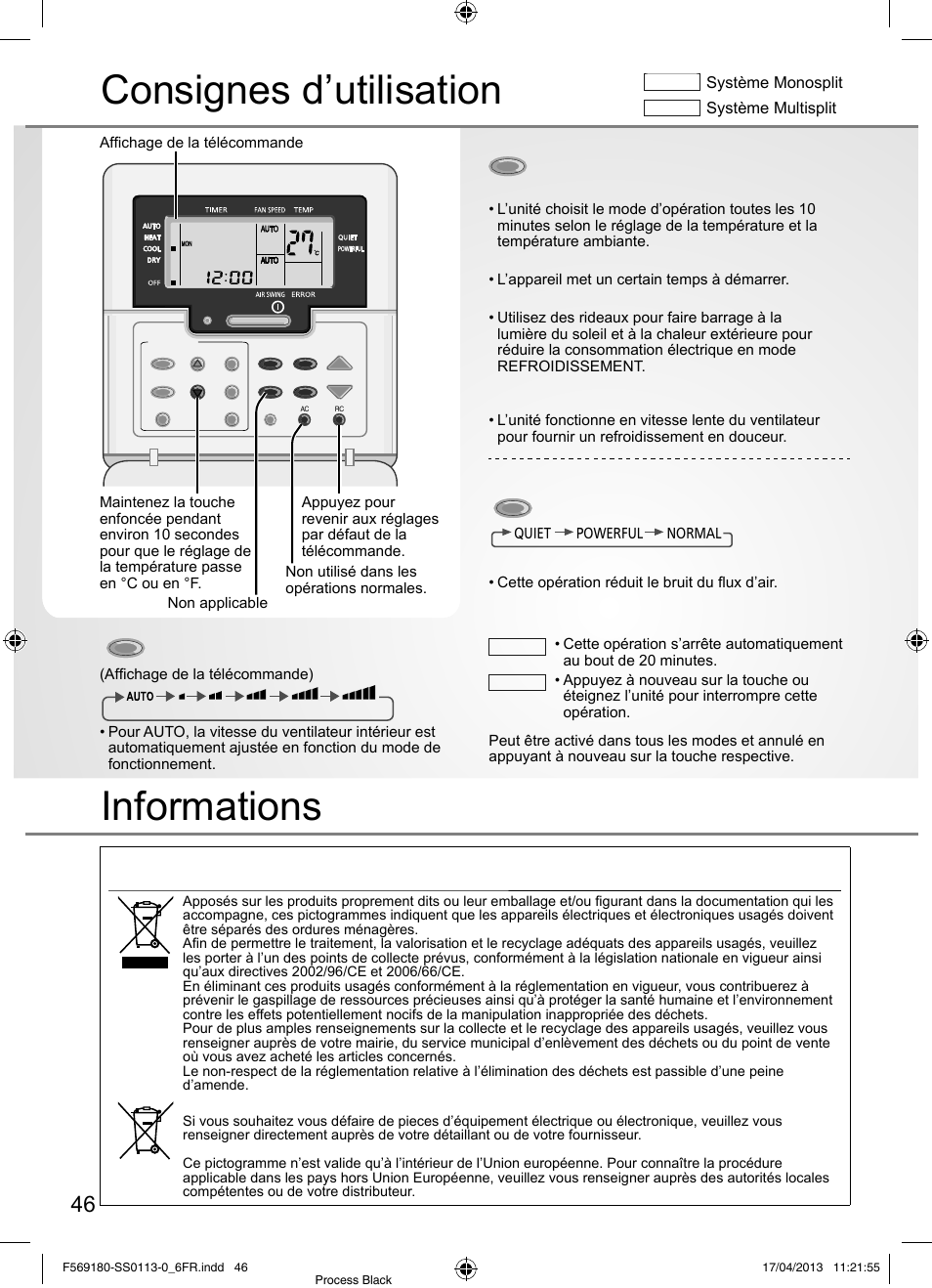 Consignes d’utilisation, Informations, Pour sélectionner la vitesse du ventilateur | Pour sélectionner un mode de fonctionnement, Pour passer de silencieux à puissant | Panasonic CU5E34PBE User Manual | Page 46 / 76