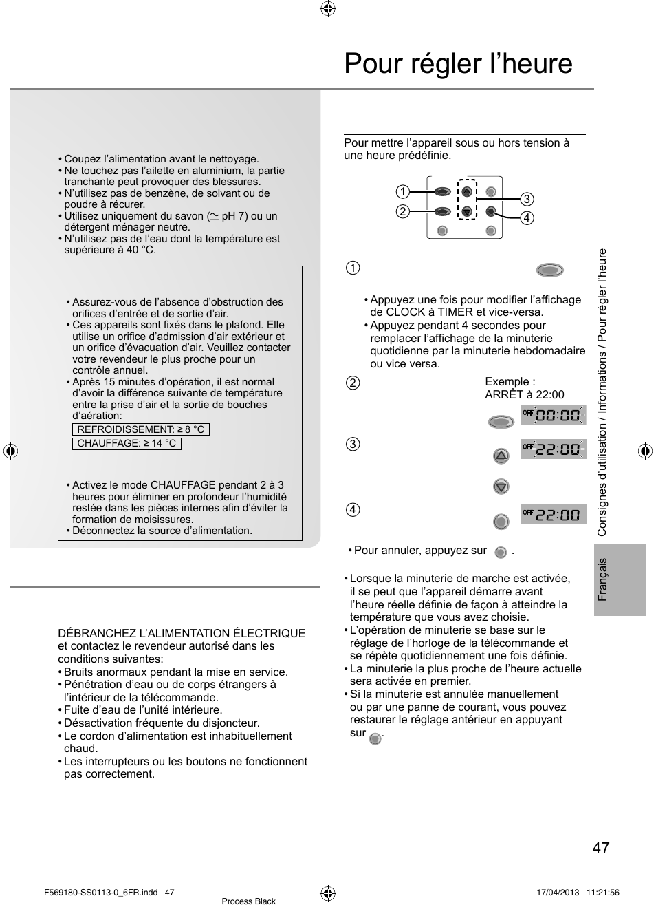 Pour régler l’heure, Progammation du programmateur quotidien | Panasonic CU5E34PBE User Manual | Page 47 / 76