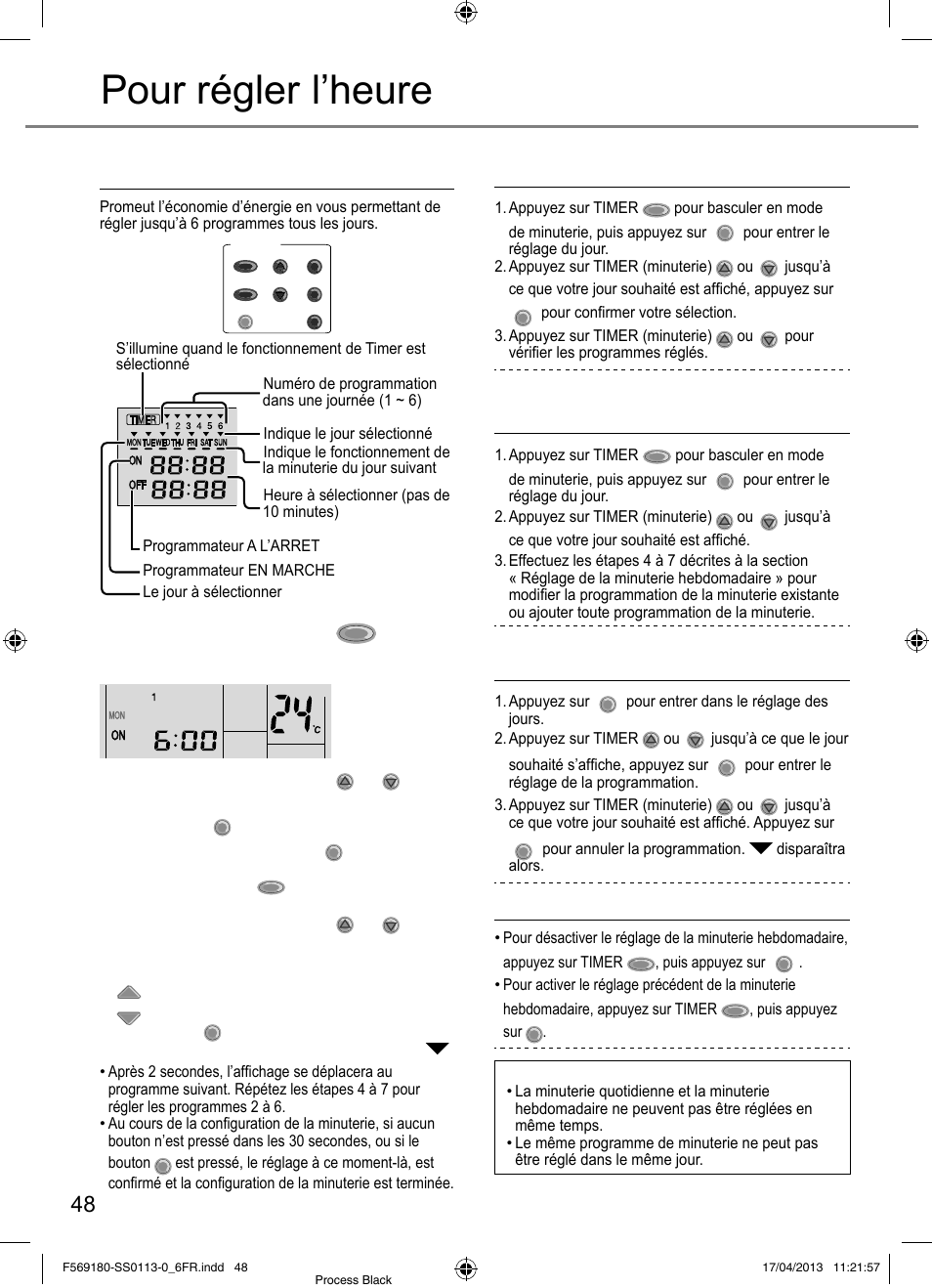 Pour régler l’heure, Progammation du programmateur hebdomadaire, Pour désactiver/activer la minuterie hebdomadaire | Remarque | Panasonic CU5E34PBE User Manual | Page 48 / 76