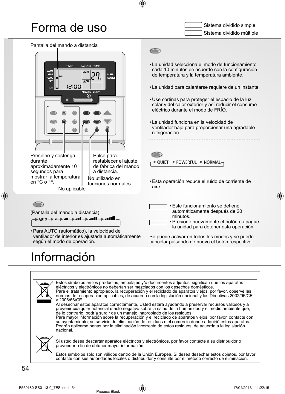Forma de uso, Información, Para seleccionar la velocidad del ventilador | Seleccionar modo de operación, Para cambiar entre silencioso & potente | Panasonic CU5E34PBE User Manual | Page 54 / 76