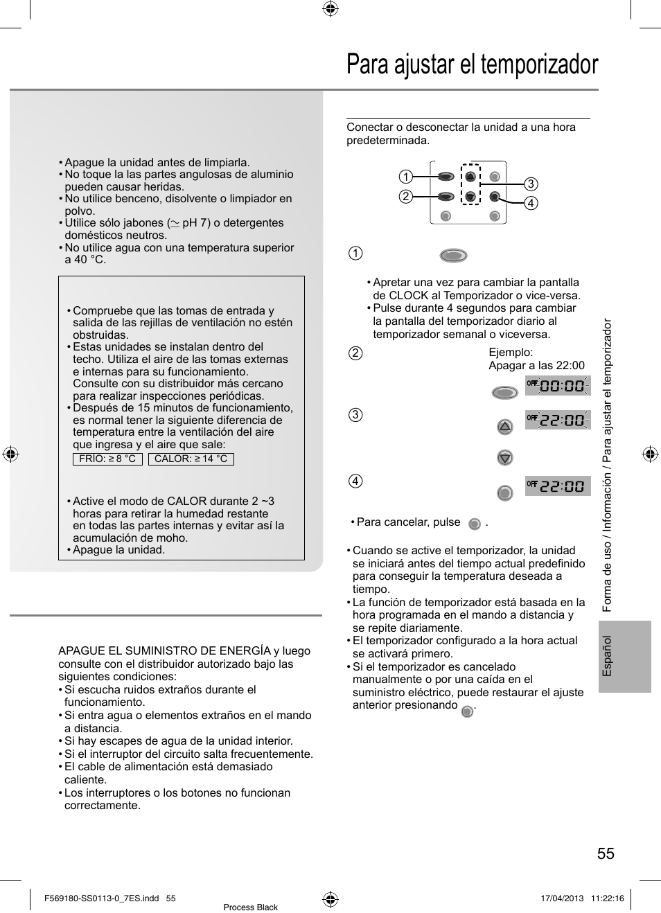 Para ajustar el temporizador, Ajustes del temporizador diario, No utilice la unidad si | Panasonic CU5E34PBE User Manual | Page 55 / 76