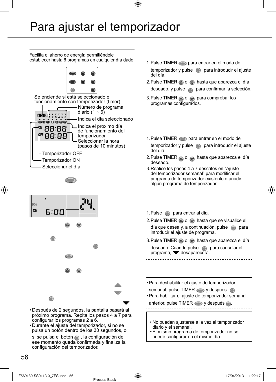Para ajustar el temporizador, Justes del temporizador semanal, Para comprobar el programa de temporizador actual | Para cancelar el programa de temporizador actual, Nota | Panasonic CU5E34PBE User Manual | Page 56 / 76