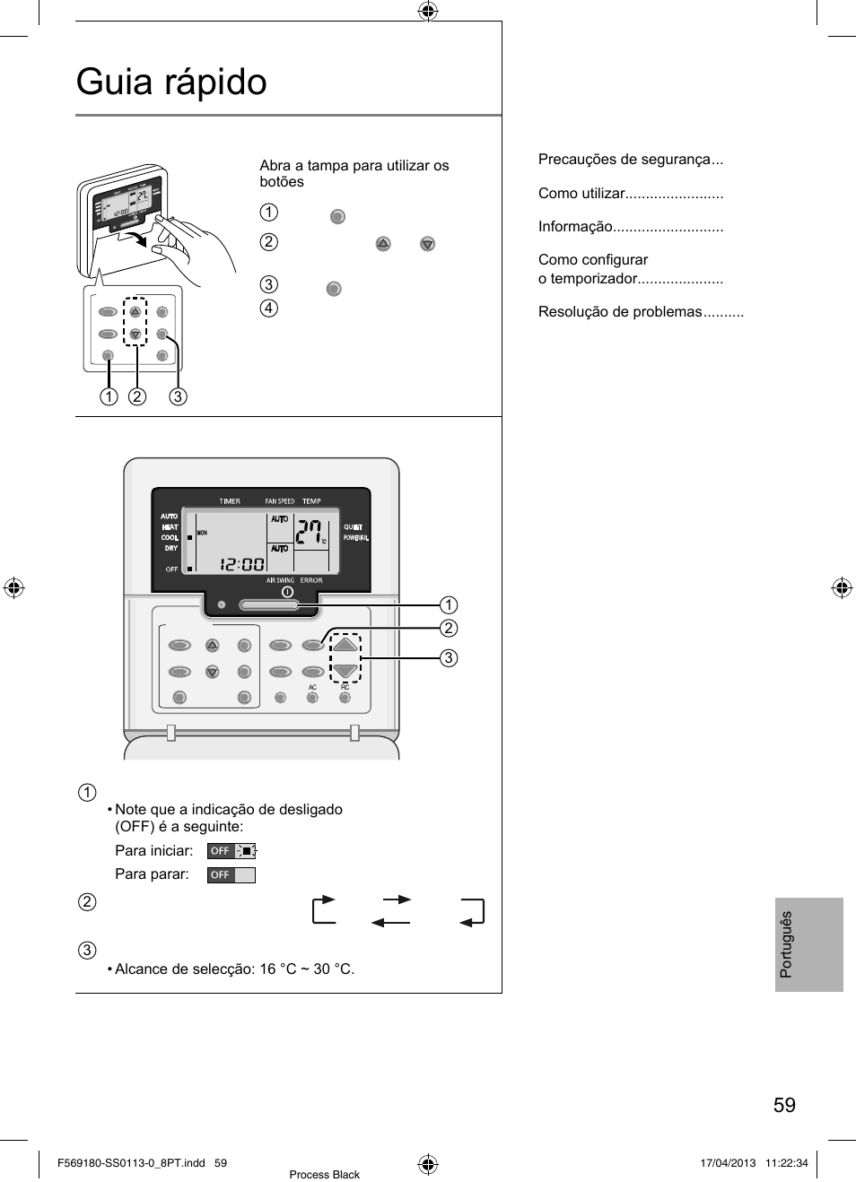 Guia rápido, Preparação do controlo remoto, Funcionamento básico | Índice, Português, 31 2 abra a tampa para utilizar os botões 1 prima, 2 prima timer, Para seleccionar o dia actual 3 prima | Panasonic CU5E34PBE User Manual | Page 59 / 76