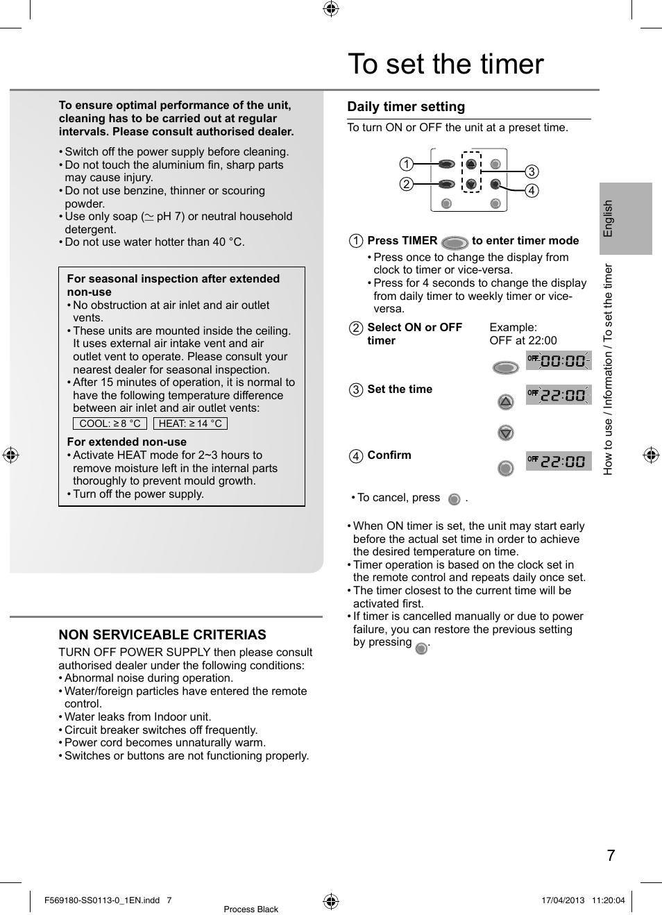 Non serviceable criterias, Daily timer setting | Panasonic CU5E34PBE User Manual | Page 7 / 76