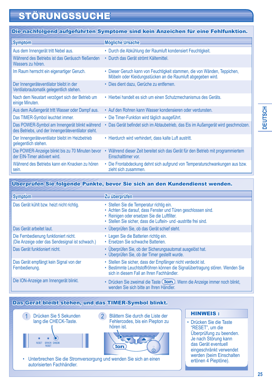 Störungssuche | Panasonic CSTE12HKE User Manual | Page 25 / 56