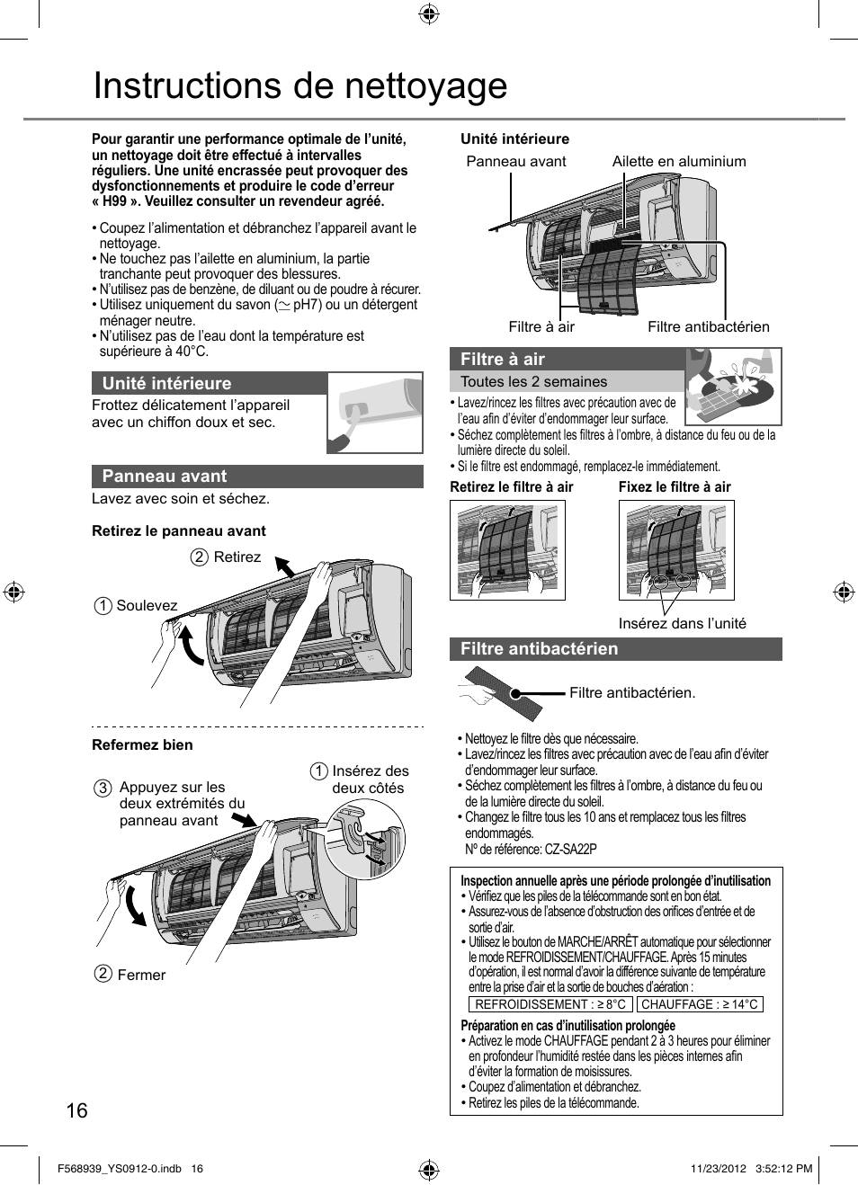 Instructions de nettoyage | Panasonic CU2RE18PBE User Manual | Page 16 / 52