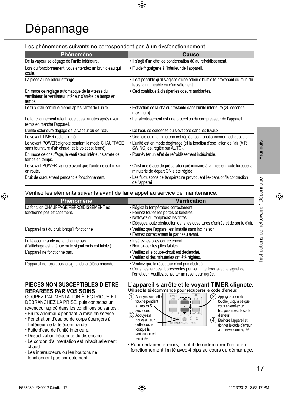 Dépannage | Panasonic CU2RE18PBE User Manual | Page 17 / 52