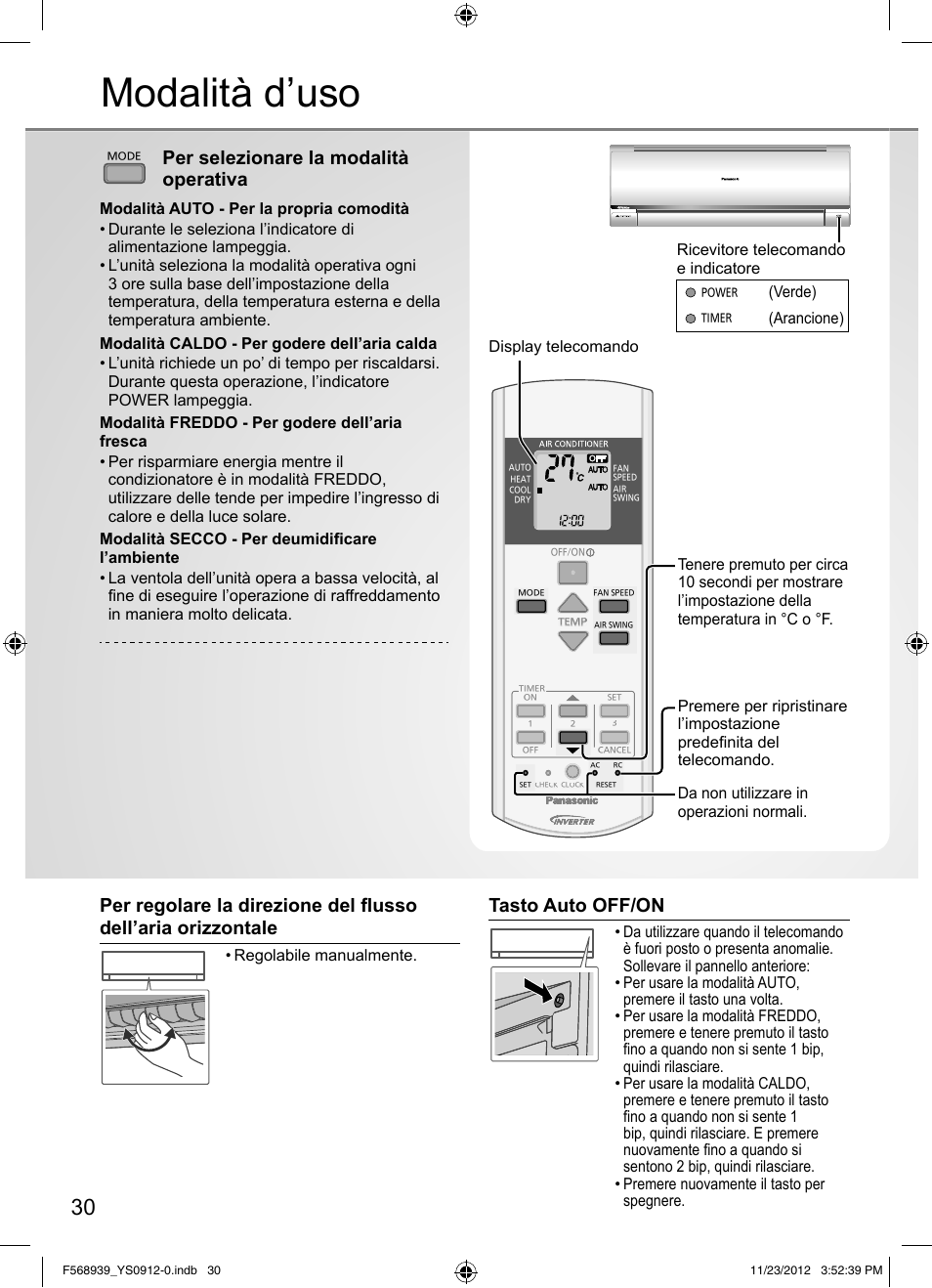 Modalità d’uso, Per selezionare la modalità operativa, Tasto auto off/on | Panasonic CU2RE18PBE User Manual | Page 30 / 52
