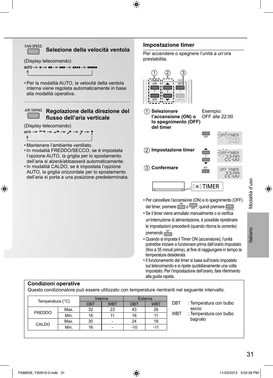 Selezione della velocità ventola, Impostazione timer, Condizioni operative | Timer | Panasonic CU2RE18PBE User Manual | Page 31 / 52