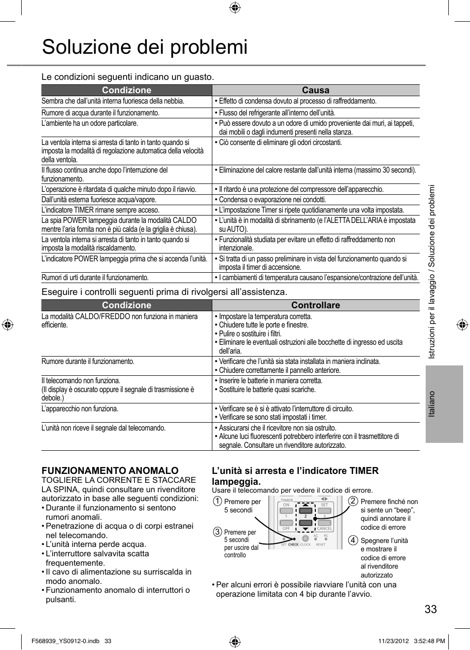 Soluzione dei problemi, Funzionamento anomalo, L’unità si arresta e l’indicatore timer lampeggia | Panasonic CU2RE18PBE User Manual | Page 33 / 52