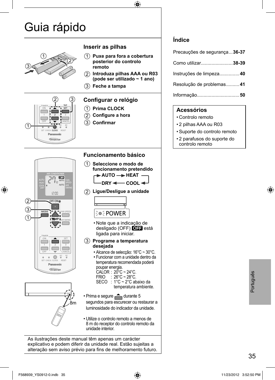 Guia rápido, Inserir as pilhas, Confi gurar o relógio | Funcionamento básico, Índice, Acessórios, Power, Português, 1 prima clock 2 confi gure a hora 3 confi rmar, 12 3 8m | Panasonic CU2RE18PBE User Manual | Page 35 / 52
