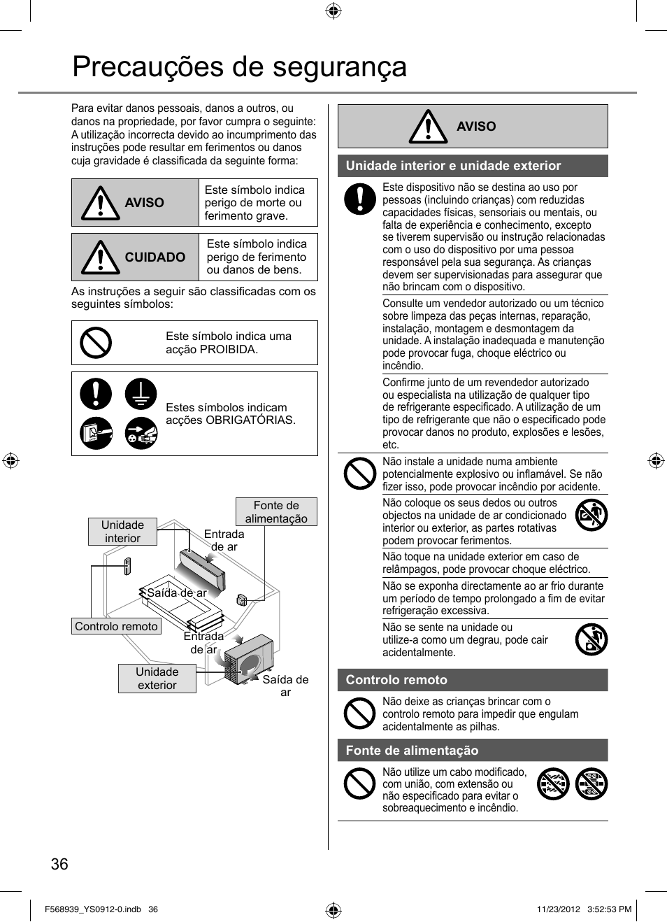 Precauções de segurança | Panasonic CU2RE18PBE User Manual | Page 36 / 52