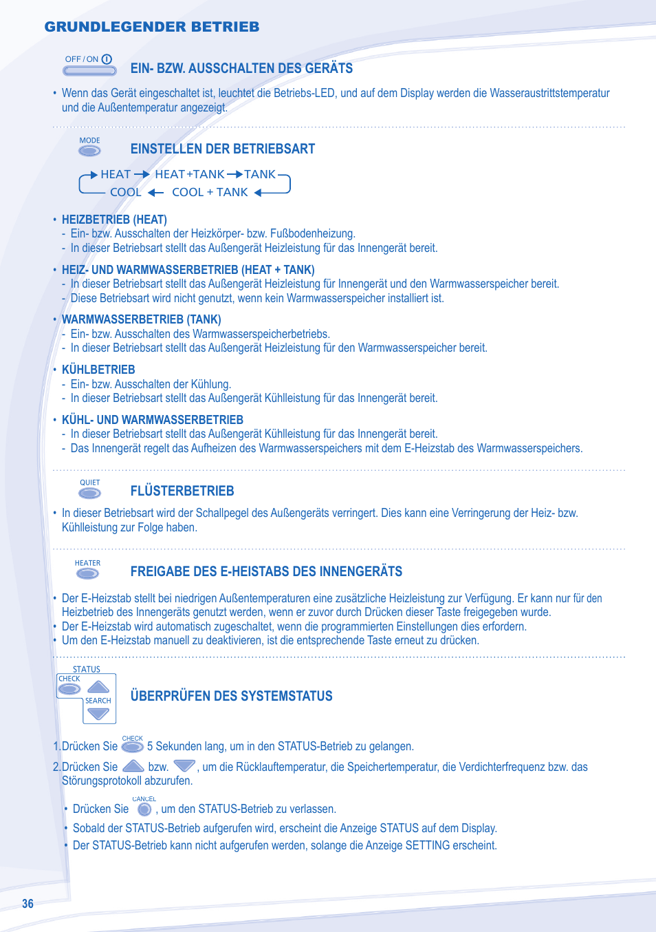 Grundlegender betrieb, Ein- bzw. ausschalten des geräts, Einstellen der betriebsart | Flüsterbetrieb, Freigabe des e-heistabs des innengeräts, Überprüfen des systemstatus | Panasonic WHSDC14C9E8 User Manual | Page 36 / 92