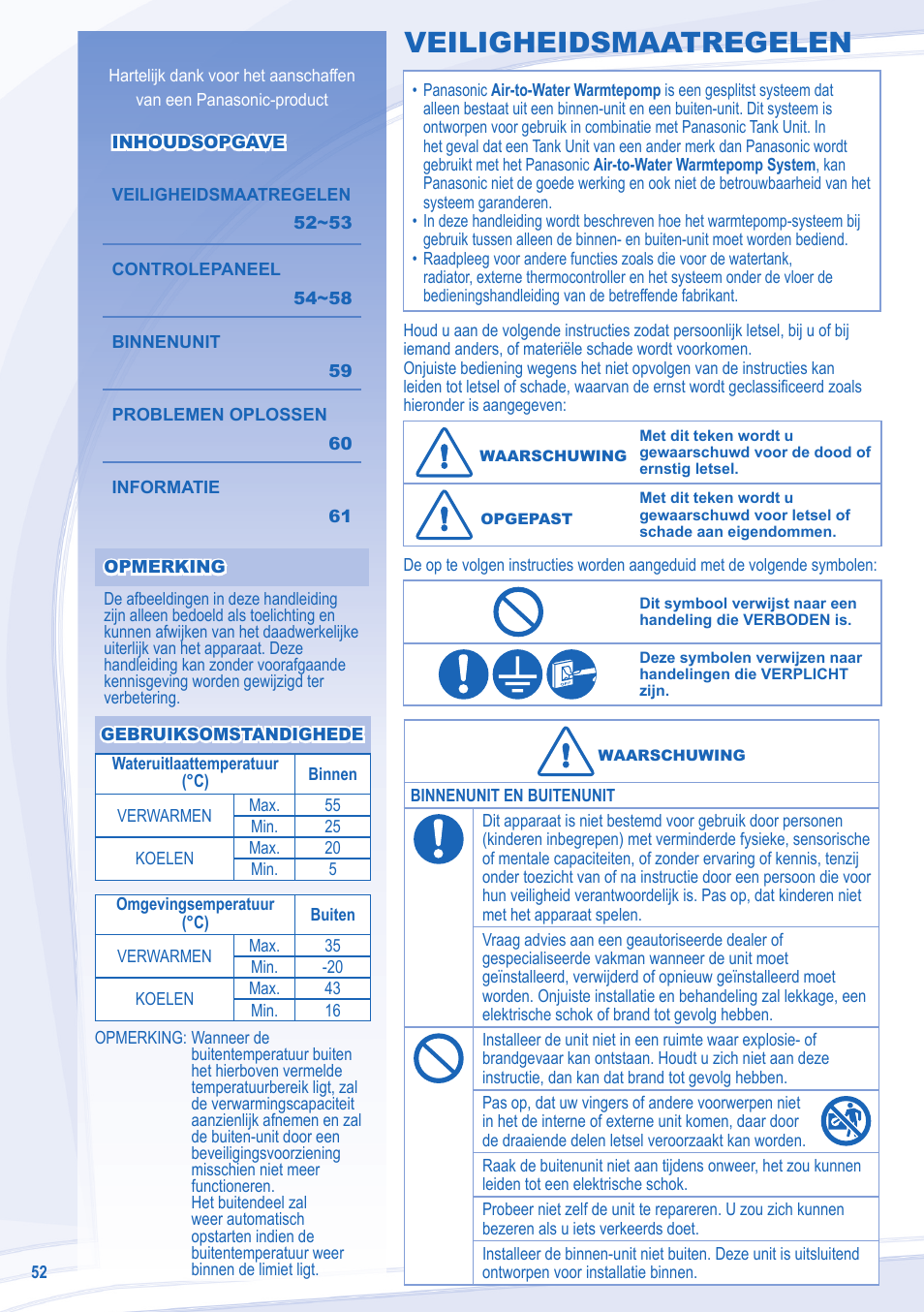 Veiligheidsmaatregelen | Panasonic WHSDC14C9E8 User Manual | Page 52 / 92