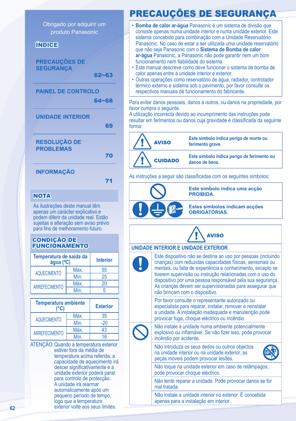 Precauções de segurança | Panasonic WHSDC14C9E8 User Manual | Page 62 / 92