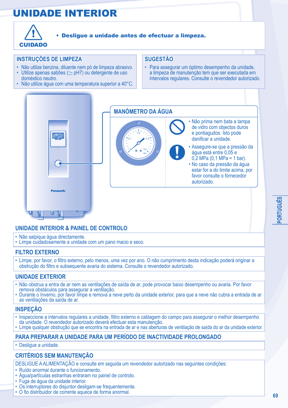 Unidade interior, Português, Manómetro da água | Instruções de limpeza, Instruções de limpeza sugestão sugestão, Unidade interior & painel de controlo, Filtro externo, Unidade exterior, Inspeção, Critérios sem manutenção | Panasonic WHSDC14C9E8 User Manual | Page 69 / 92