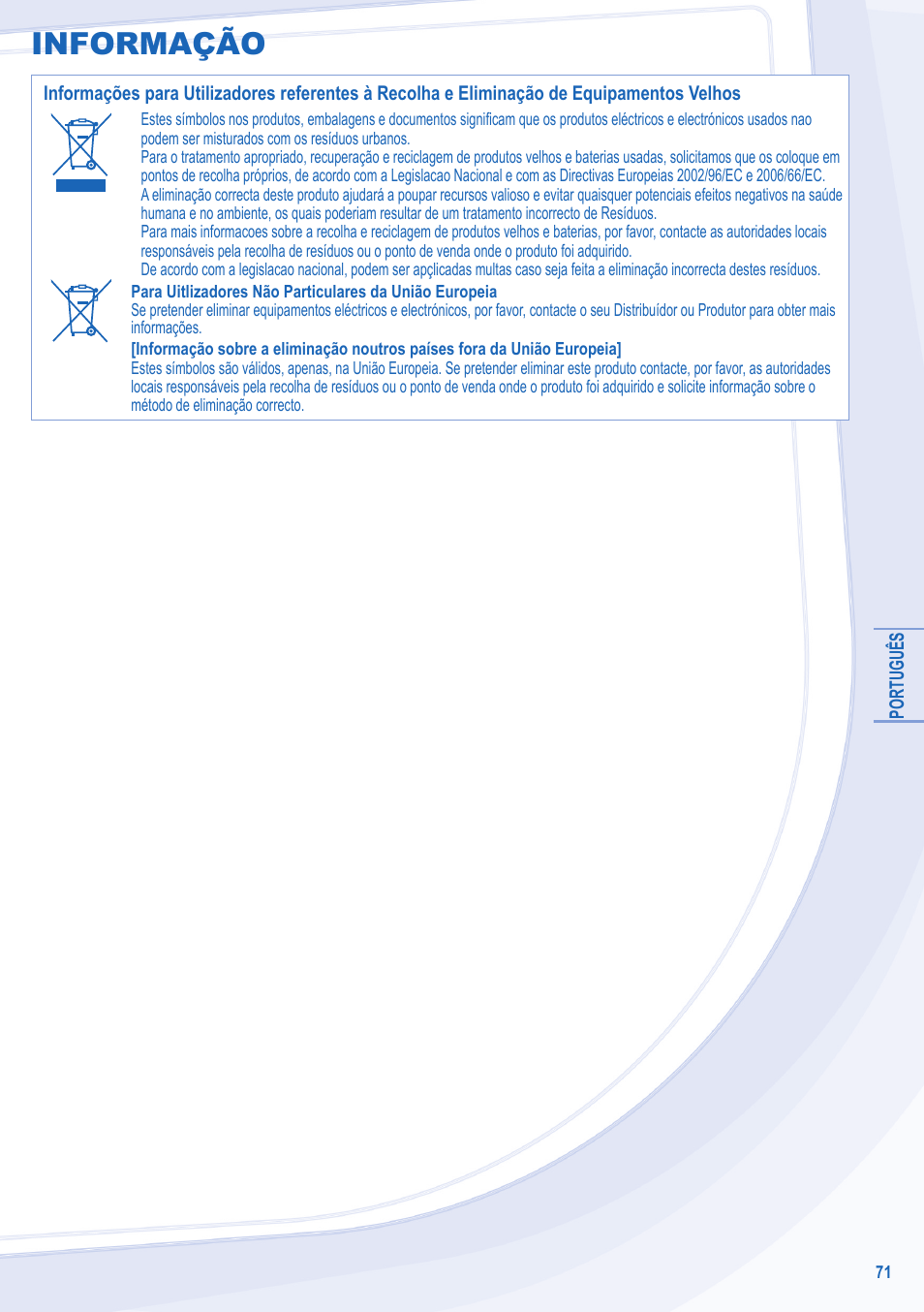 Informação | Panasonic WHSDC14C9E8 User Manual | Page 71 / 92