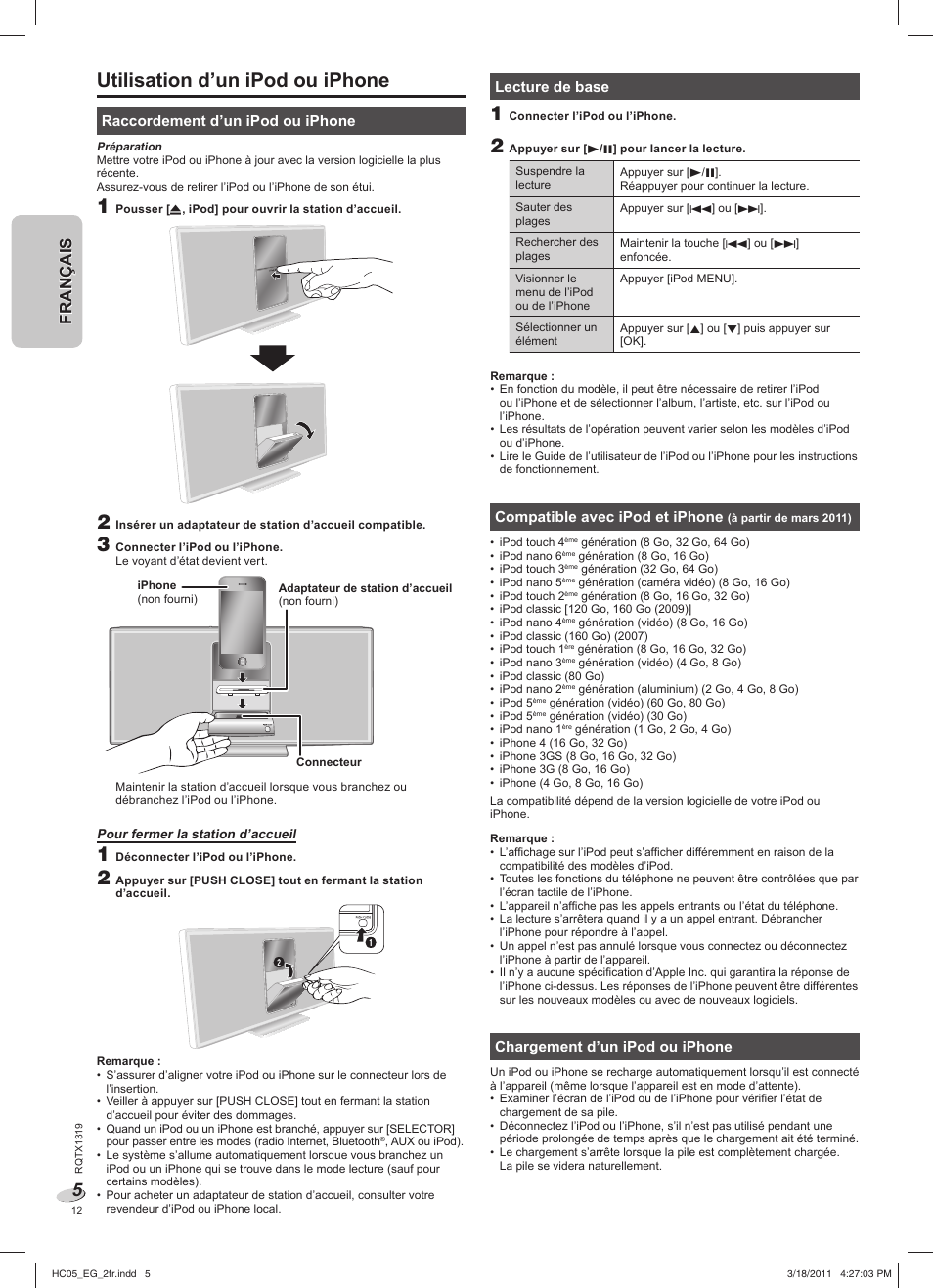 Utilisation d’un ipod ou iphone, English français français, Raccordement d’un ipod ou iphone | Lecture de base, Compatible avec ipod et iphone, Chargement d’un ipod ou iphone | Panasonic SCHC05EG User Manual | Page 12 / 52